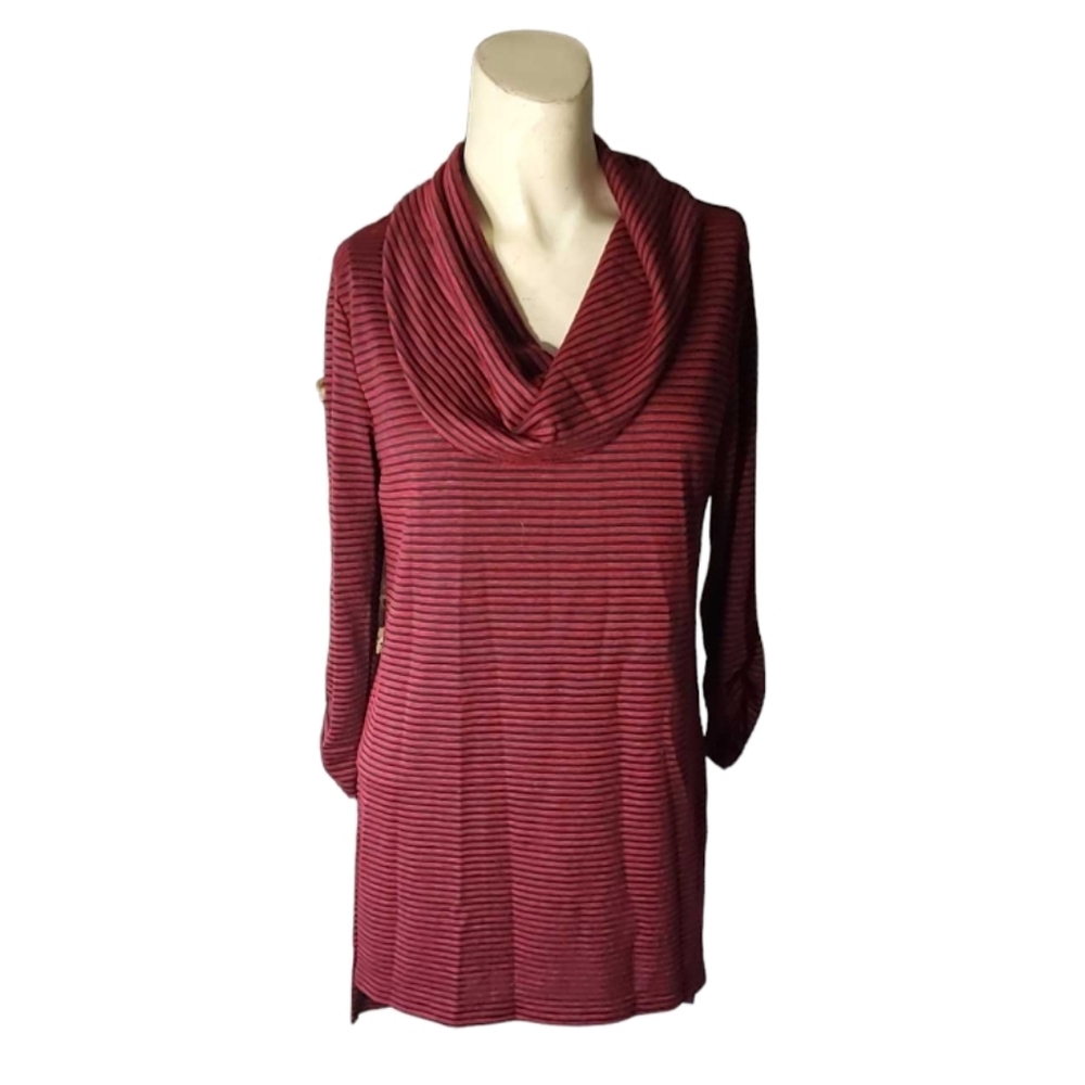 AB STUDIOS Red & Black Striped Pullover Sweater Cowl Neck Long Sleeve Huggable
